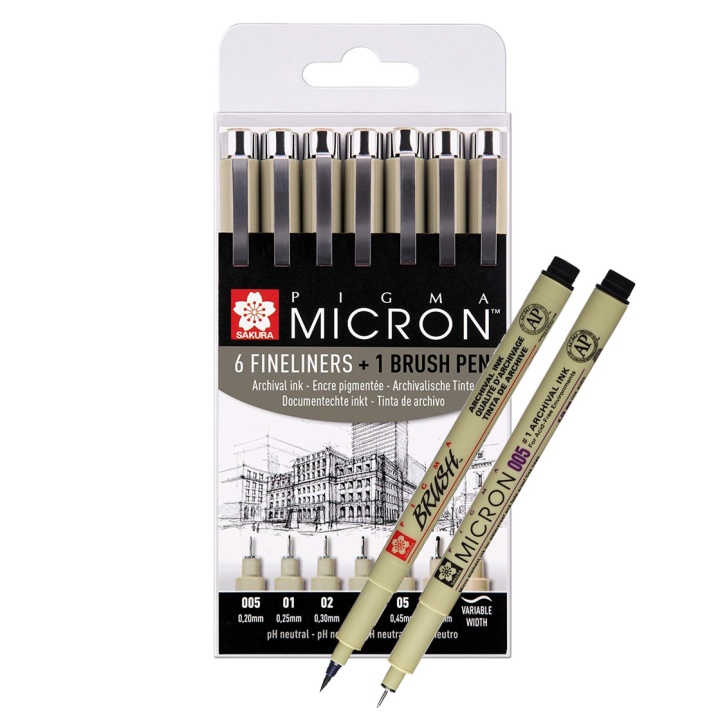 Pigma Micron Fineliner 6-set + 1 Brush Pen i gruppen Penner / Skrive / Fineliners hos Pen Store (103501)